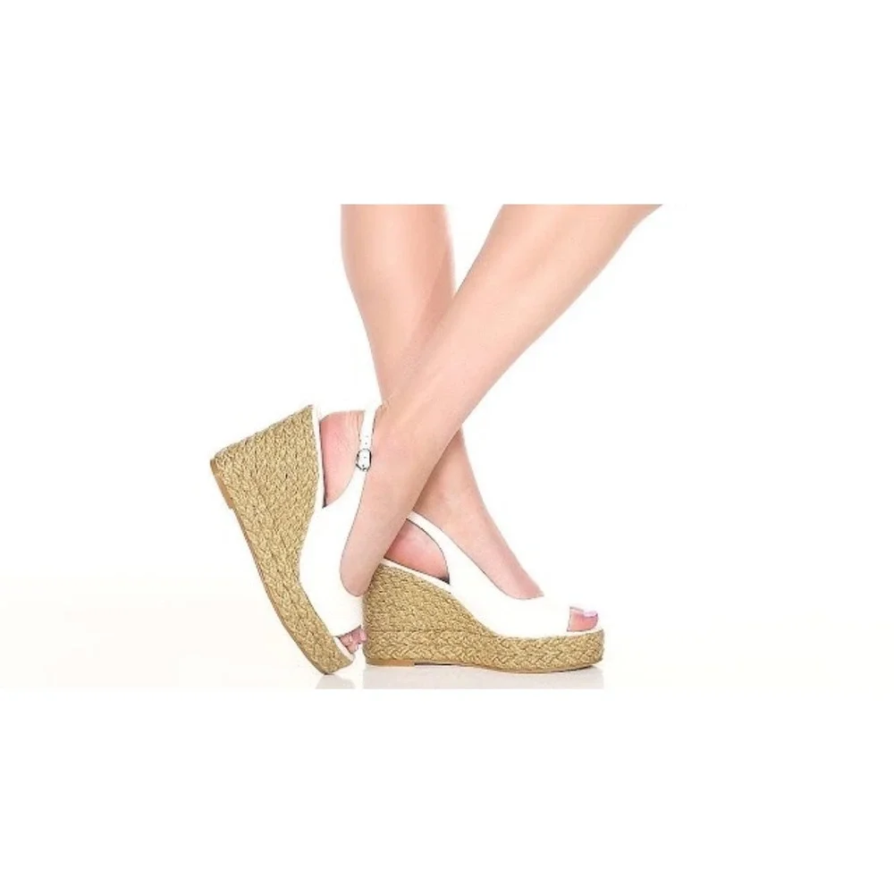 Stuart Weitzman White Patent Leather Espadrille Wedge Slingback Peep Toe 9.5 - Picture 12 of 12